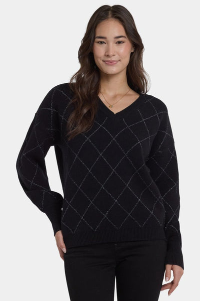 Black Lurex Argyle V-Neck Sweater